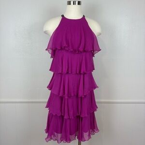 BCBGMaxazria‎ Silk Tiered Ruffled Dress Size S Knee Length Pink Frilly Wedding